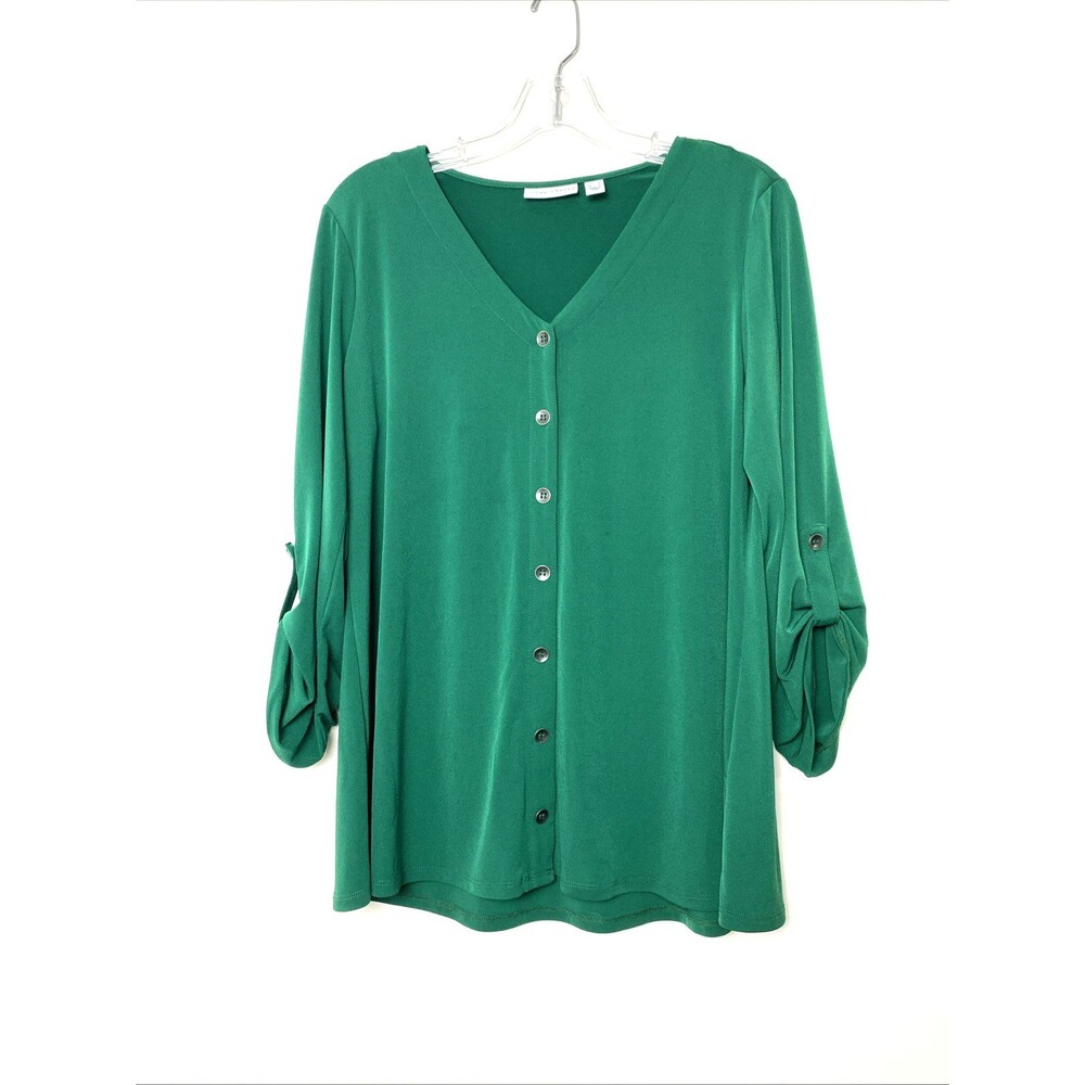 Susan Graver Womens Blouse M Green Liquid Knit V-Neck Button Trimm Roll Sleeves